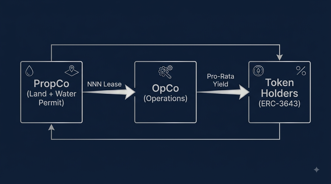 Diagram: PropCo (Land + Water Permit) leases via NNN Lease to OpCo (Operations), which pays Pro-Rata Yield to Token Holders (ERC-3643)