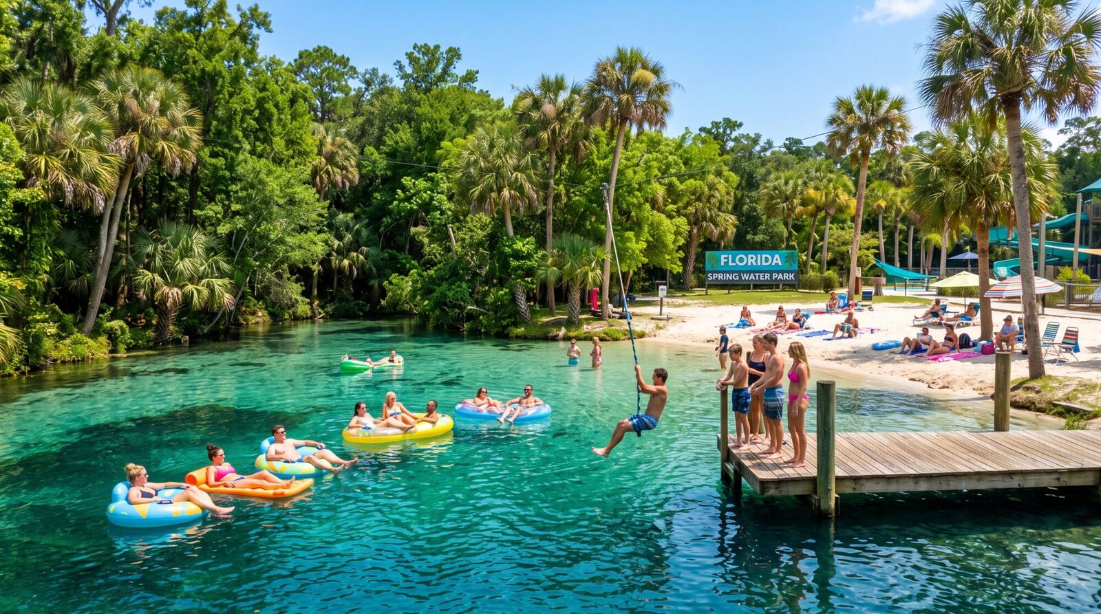 Day-use water activities at the spring — swimmers, tubing, rope swing, and beach area